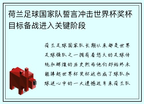 荷兰足球国家队誓言冲击世界杯奖杯目标备战进入关键阶段