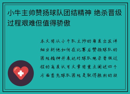 小牛主帅赞扬球队团结精神 绝杀晋级过程艰难但值得骄傲
