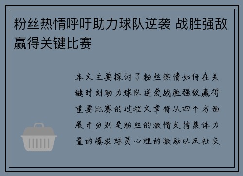 粉丝热情呼吁助力球队逆袭 战胜强敌赢得关键比赛