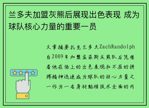 兰多夫加盟灰熊后展现出色表现 成为球队核心力量的重要一员
