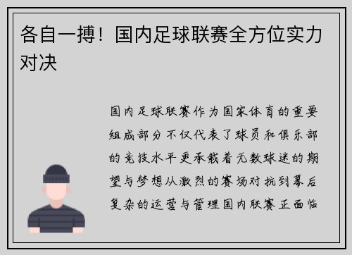 各自一搏！国内足球联赛全方位实力对决