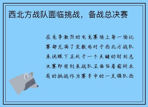 西北方战队面临挑战，备战总决赛
