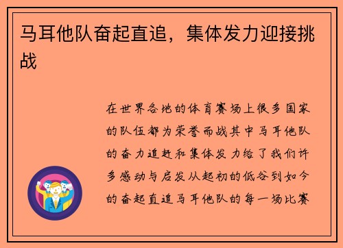 马耳他队奋起直追，集体发力迎接挑战