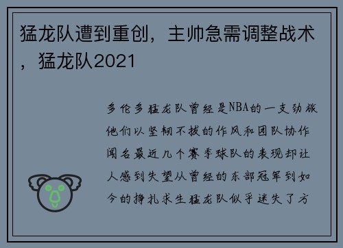 猛龙队遭到重创，主帅急需调整战术，猛龙队2021