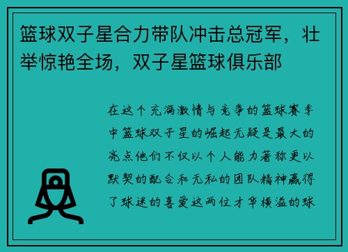 篮球双子星合力带队冲击总冠军，壮举惊艳全场，双子星篮球俱乐部