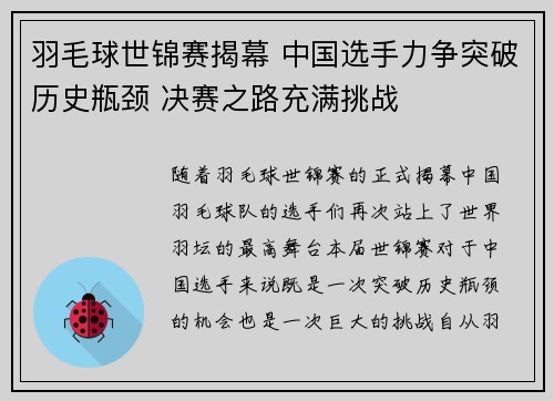 羽毛球世锦赛揭幕 中国选手力争突破历史瓶颈 决赛之路充满挑战