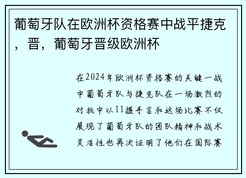 葡萄牙队在欧洲杯资格赛中战平捷克，晋，葡萄牙晋级欧洲杯